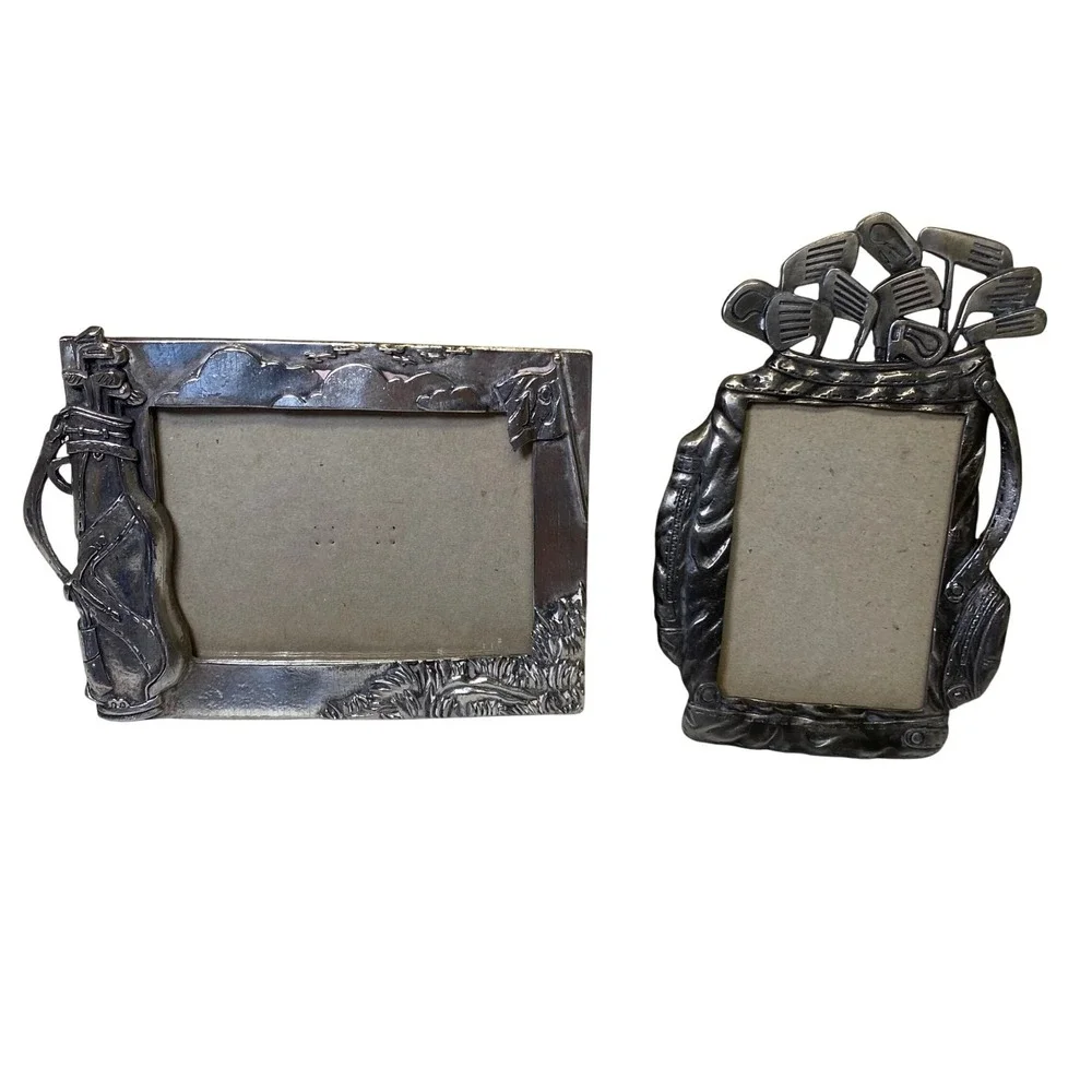 Vintage Pewter Golf Picture Frames Set Clubs‎ Bag Flag 5x3.5 3x4 Lot